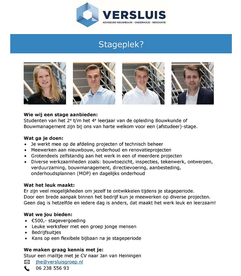 Stageplek voor student Bouwkunde of Bouwmanagement